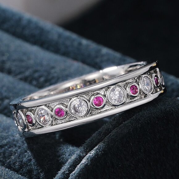 💎Eternity 925 Silver Plated White Red Inlaid CZ Bling Dainty Rings, UNVN12236 - Picture 1 of 4